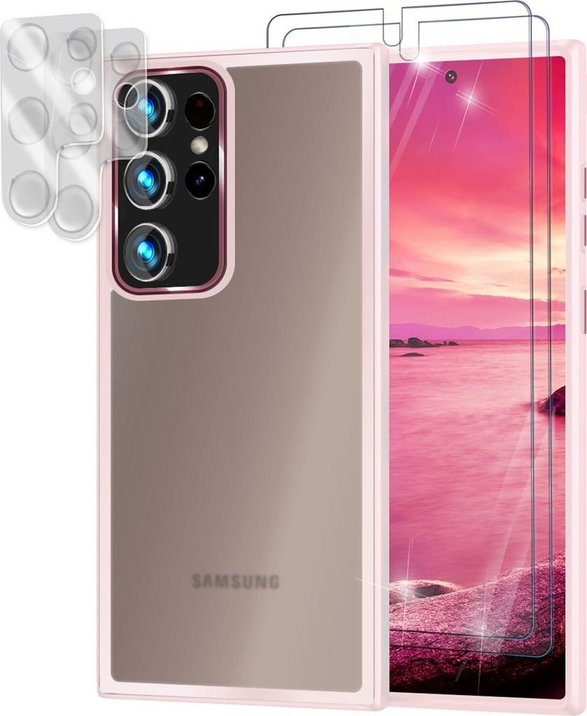 A pink hybrid phone case with screen and camera protectors for a Samsung Galaxy S23 Ultra.