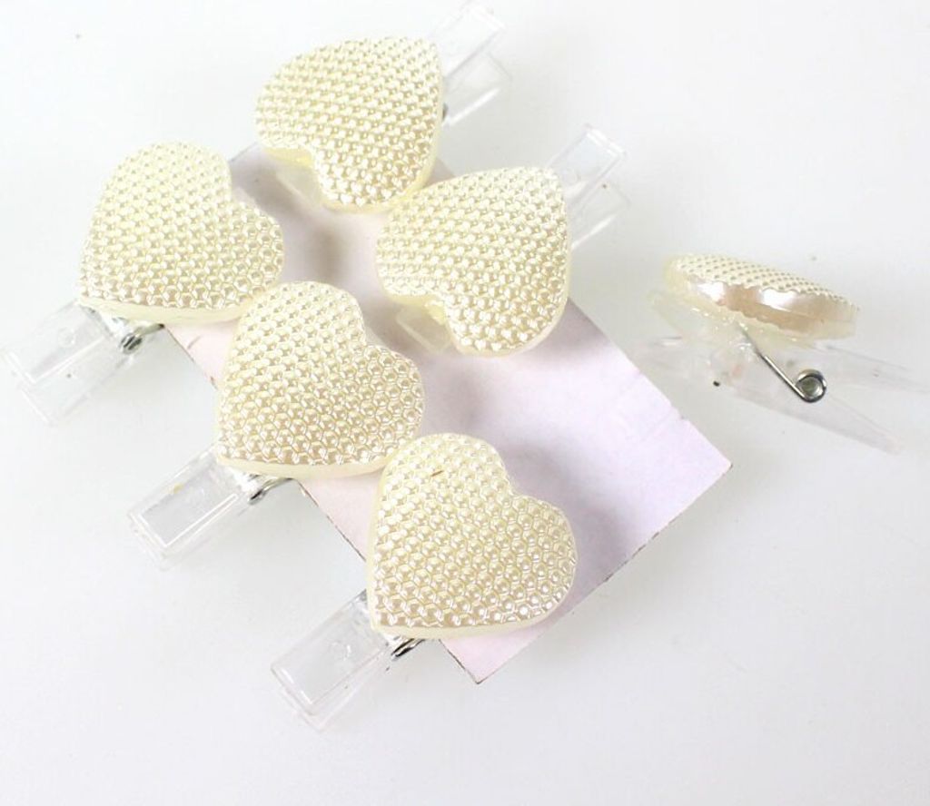 6 Zwicker Klammern Acryl Herz creme 2,5cm Wäscheklammer Geschenkklammer Deko