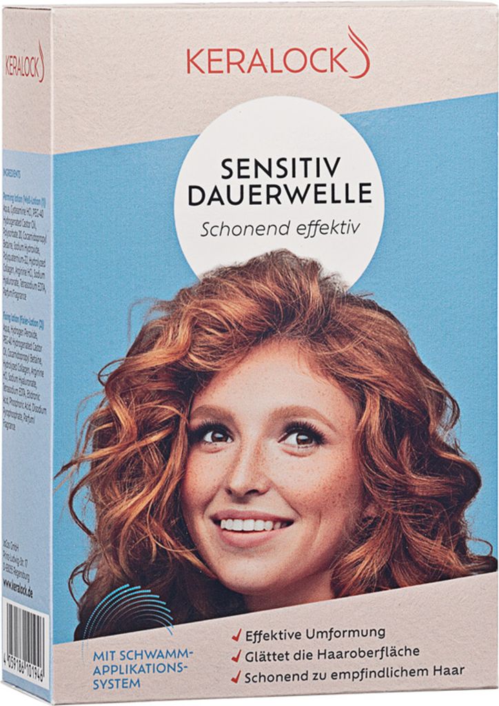 A product box for hair perming solution, featuring a model with curly hair.