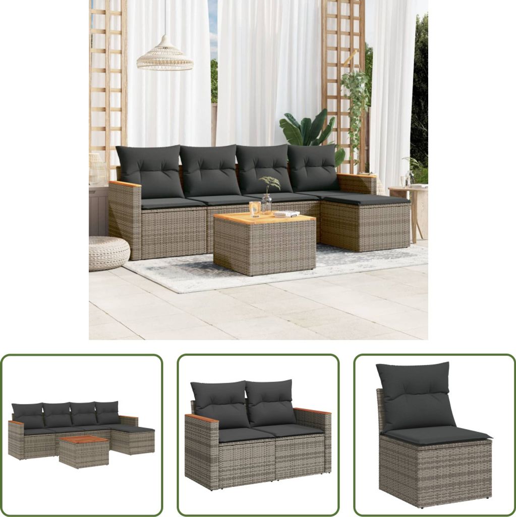 The Living Store 6-tlg. Garten-Sofagarnitur mit Kissen Grau Poly Rattan