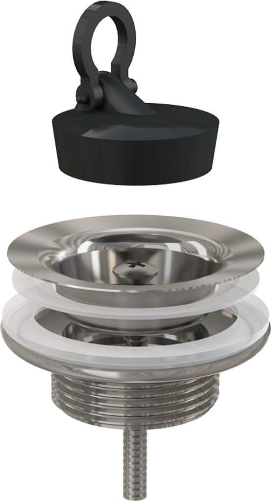 A drain valve assembly and a stopper are shown against a white background.