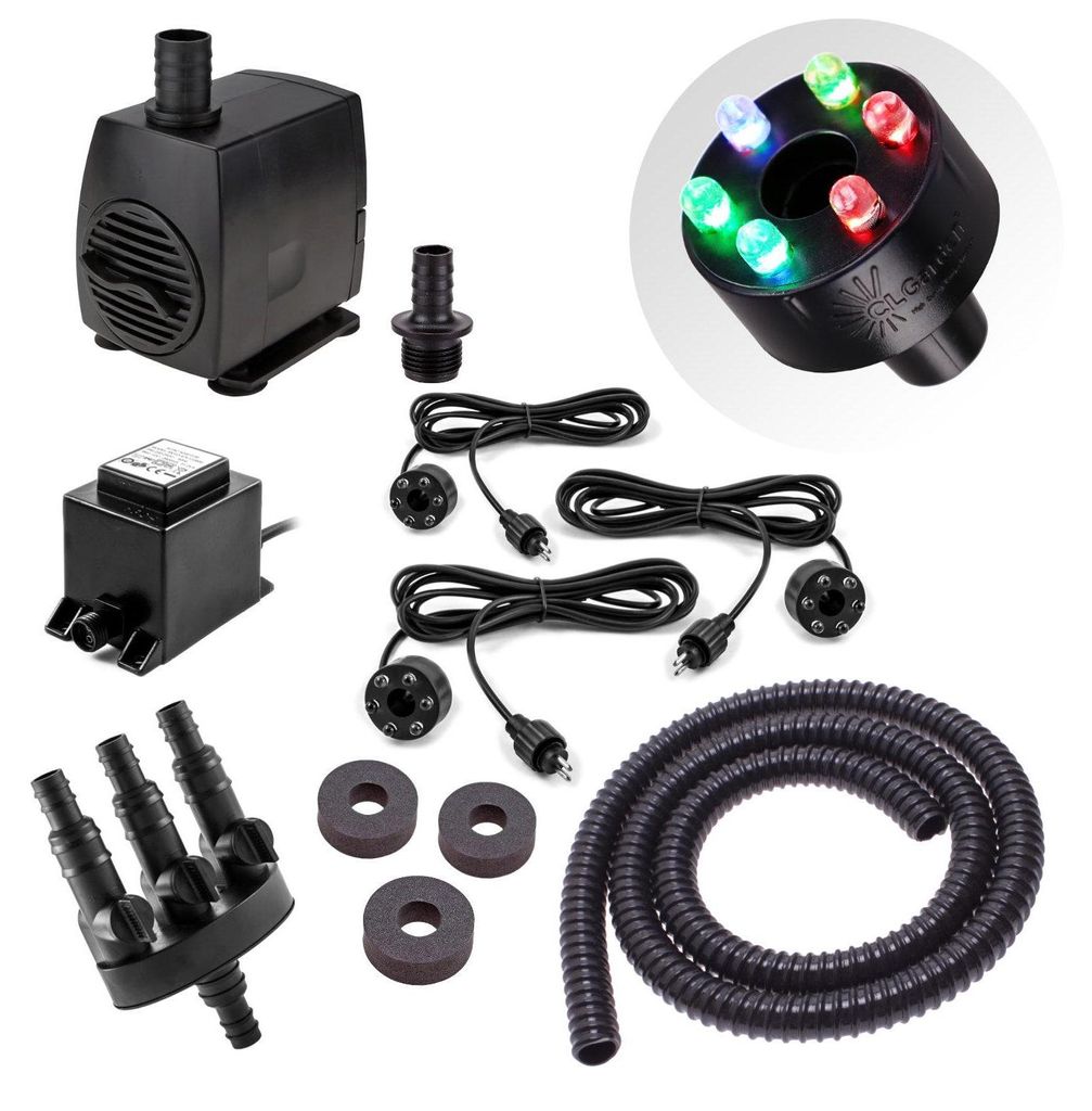CLGarden Springbrunnen Pumpe Set mit 3X LED Beleuchtung Multicolor RGB für Wasserspiel Säulenbrunnen Kugelbrunnen Schlauch Wasserverteiler 1300 L/H