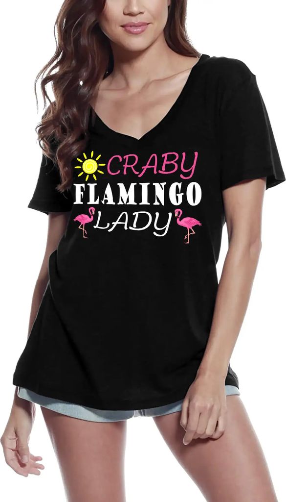 Damen Grafik T-Shirt V-Ausschnitt Verrückte Flamingo-Dame lustig – Crazy Flamingo Lady Funny – Öko-Verantwortlich Vintage Jahrgang Kurzarm Lu...