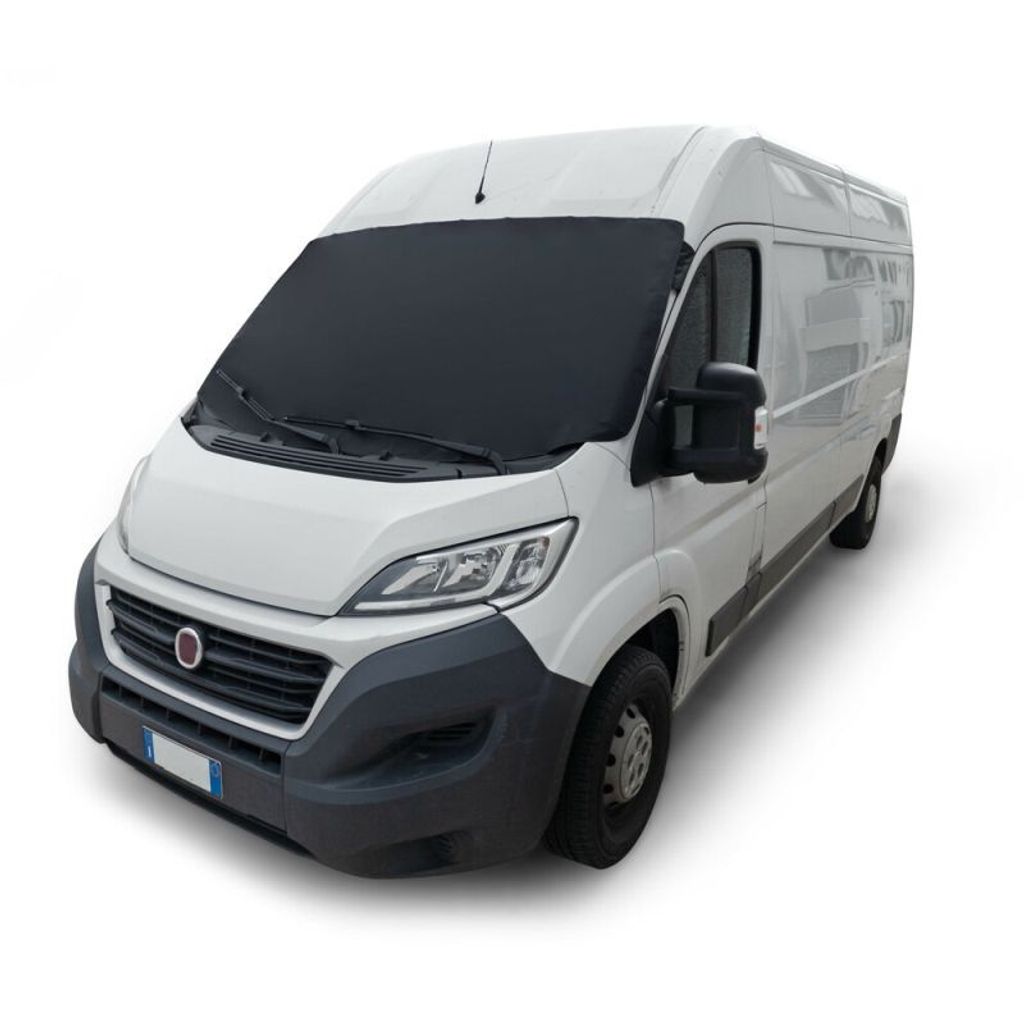 A white van with a black windshield cover against a white background.