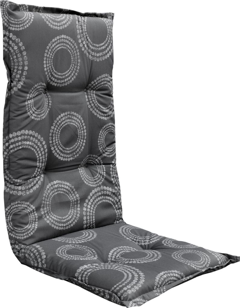 A gray chair cushion with a circular pattern, shown lying flat.