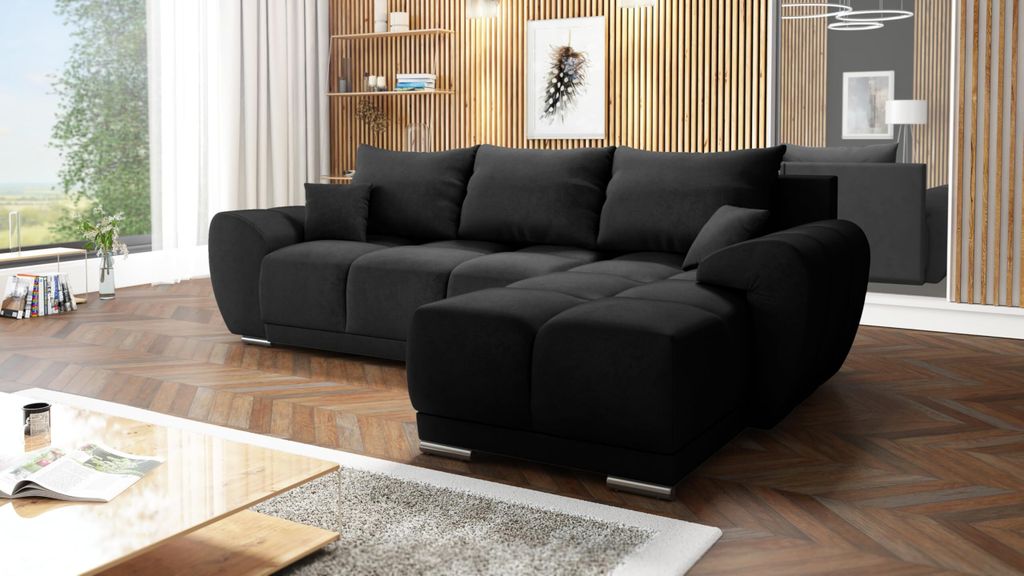 Easy4You Ecksofa Schwarz Plush Velvet L-Form 291 x 85 x 183 cm mit Schlaffunktion und Stauraum - Schlafsofa mit Bettkasten und Kissen - Moderne Woh...