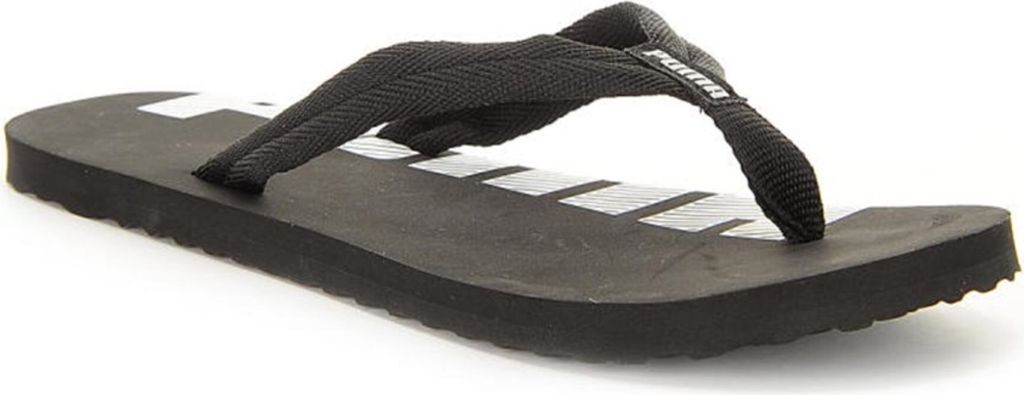 A single black flip-flop with white branding is shown against a white background.