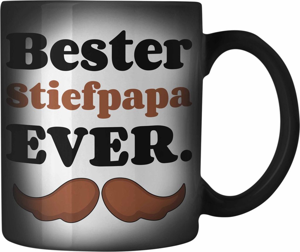 Trendation - Bester Stiefpapa Ever Geschenk Farbwechsel Zauber-Tasse Stiefvater mit Spruch Vatertag Geburtstag Vatertagsgeschenk (Schwarz)