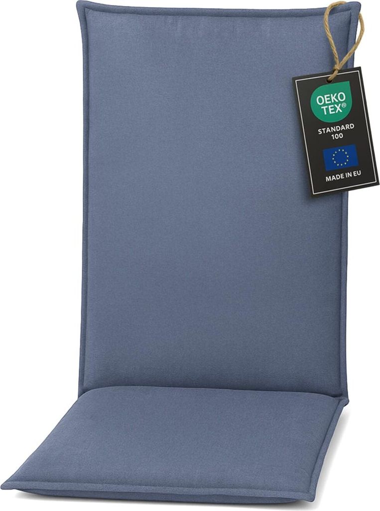 A blue chair cushion with a tag attached.
