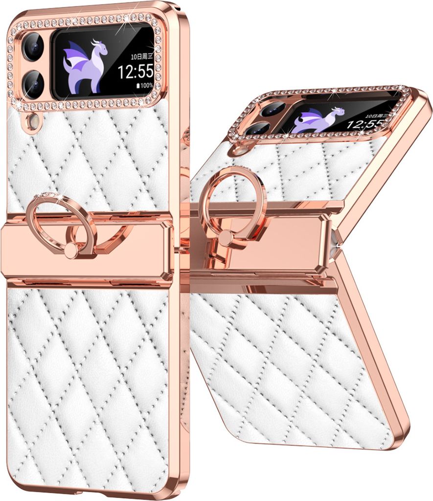 Leder Hülle für Samsung Galaxy Z Flip 4 5G mit Ringhalterung, Luxus Glitzer Bling Überzug Scharnierschutz Handyhülle Weiß