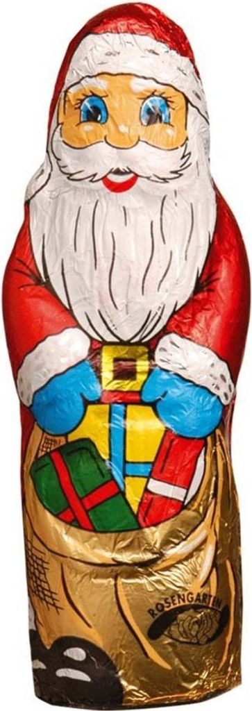 A chocolate Santa Claus figure wrapped in foil.