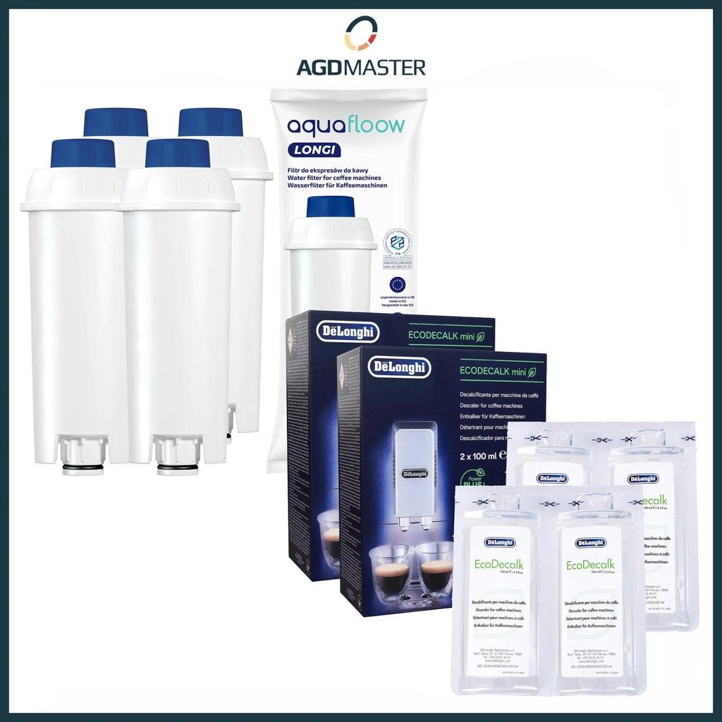 4x AquaFloow Wasserfilter DLSC002 + 4x DeLonghi EcoDecalk 100 ml – Komplett-Pflegeset für DeLonghi