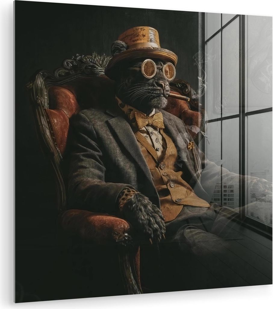 MuchoWow Glasbilder - Bilder auf Wandbild - Foto auf Glas Katze - Anzug - Orange - Zigarre 20x20 cm Wanddekoration aus Glas - Acrylglasbild - Acryl...