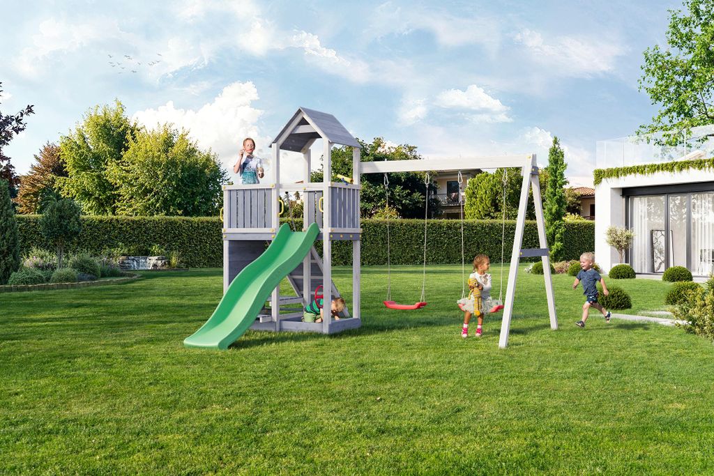 Fungoo FLOPPI Grau&Weiss mit Rutsche, Doppelschaukel, Kletterwand und Picknicktisch