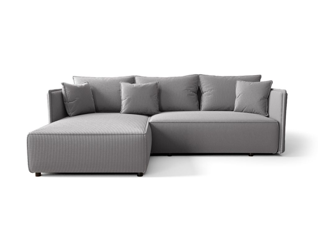 Ecksofa mit Schlaffunktion und Bettkasten ROCKY Sofa L-Form, Polsterecke, Eckcouch, Wohnlandschaft - Hellgrau Cordstoff PS55 Ottomane Universal