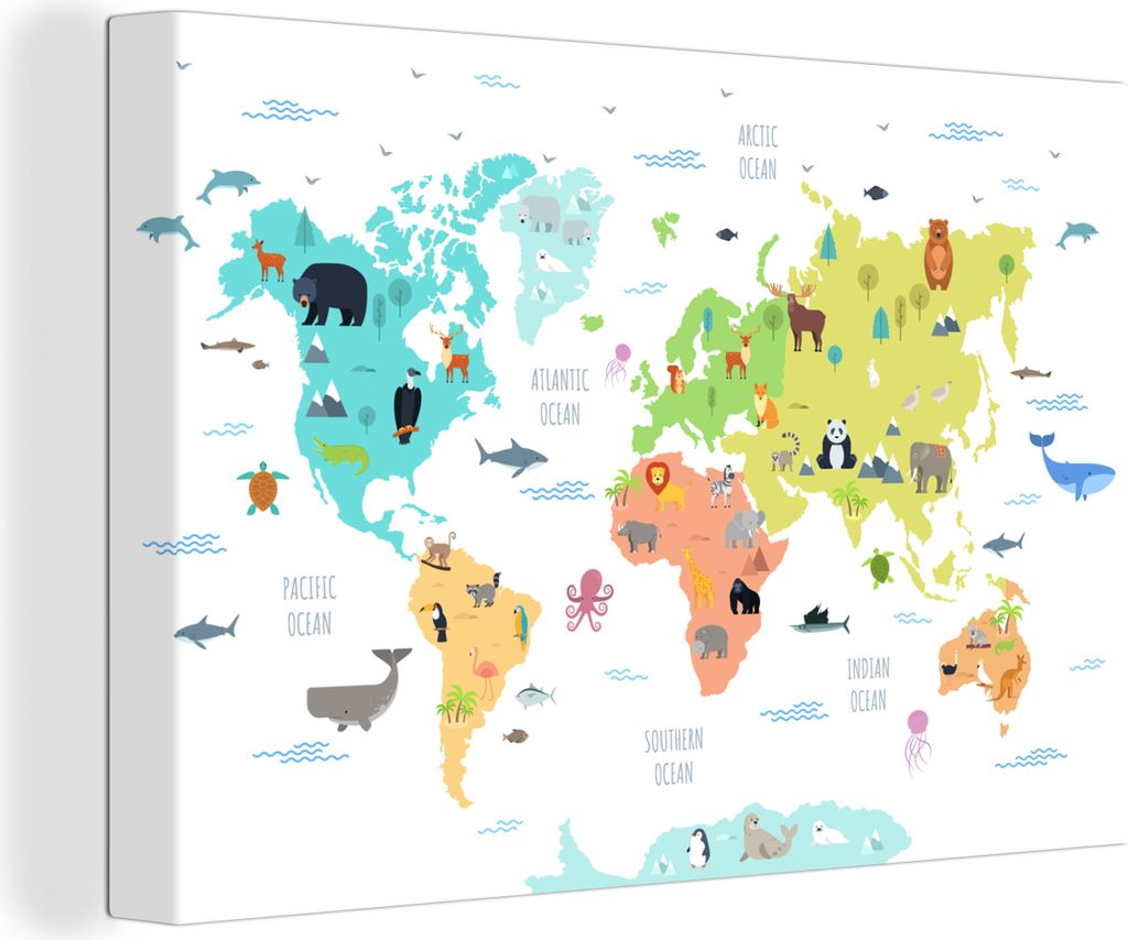 MuchoWow - Leinwandbilder - Weltkarte - Tiere - Kinder, Wandbild, Wanddeko Bilder Wohnzimmer, 120x80 cm