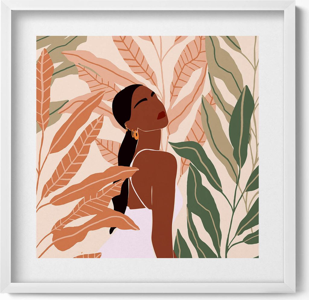 Illustration einer Frau zwischen Blättern im Boho-Stil– Wandbild mit Rahmen – Gerahmtes Bild – Wanddekoration – 50x50 cm – Weiß Rahmen