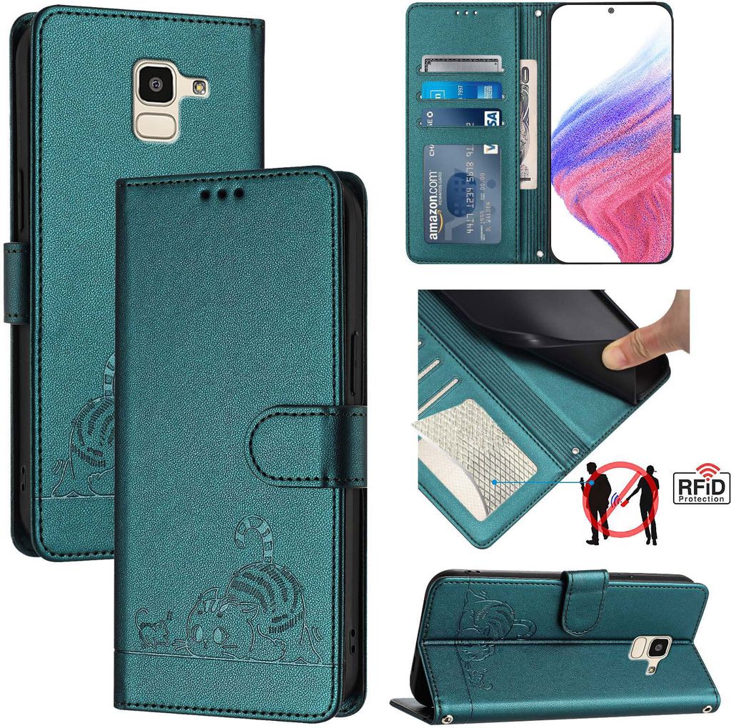 Collage of images showing a teal leather flip case for a Samsung Galaxy J6 2018, with various angles and features displayed.