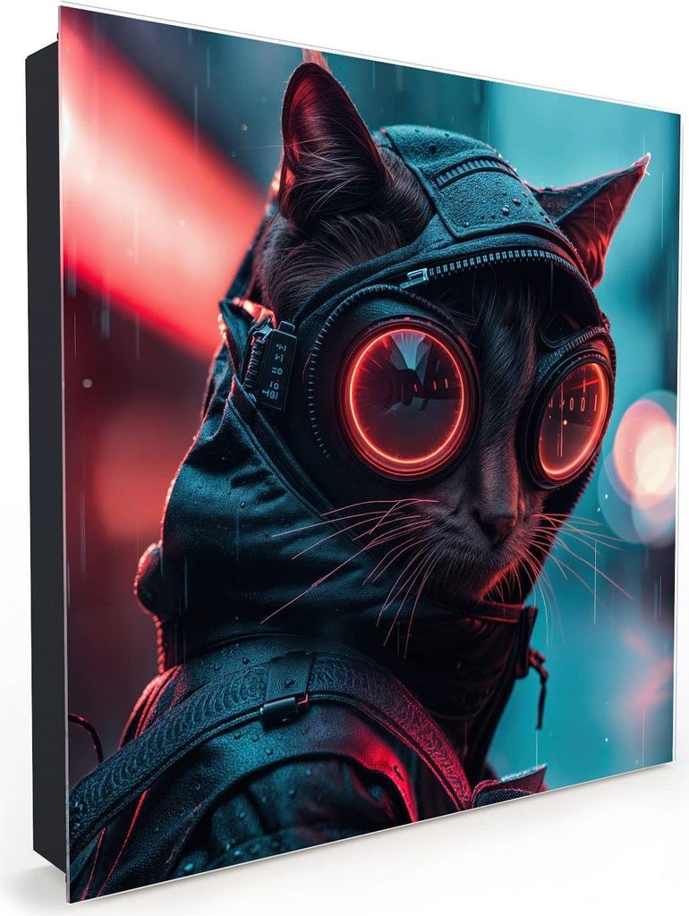 Nachbildung-Schlüsselkasten, Magnetpinnwand und Memoboard mit Glasfront Motiv Cyber Katze