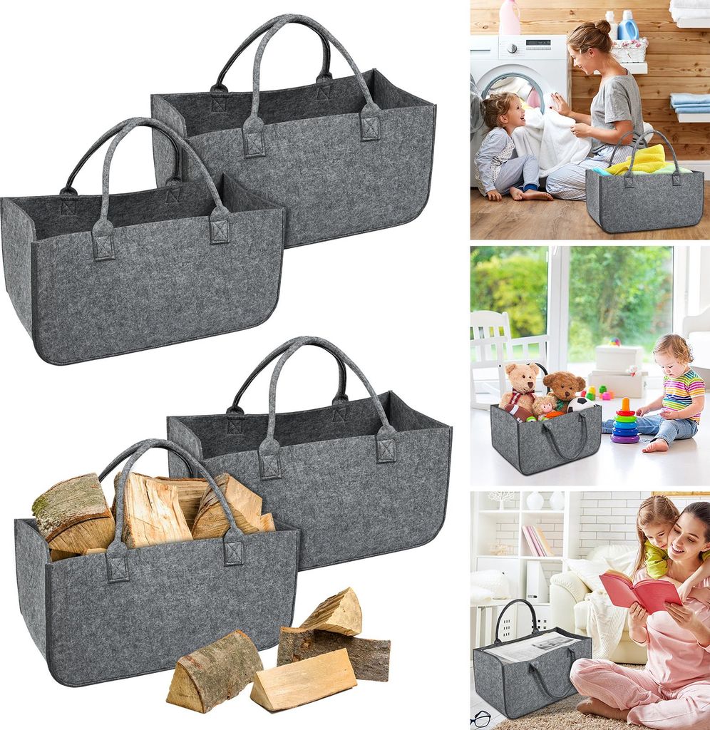 XINZI 4 Stück Filztaschen Kaminholztasche Filz, Faltbar Kaminholzkorb Filztasche Shopper für Holz Zeitungen Kaminholz Filztasche - Hellgrau