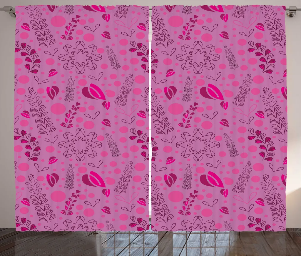 Rideau Rose Fuchsia Pâle à Motif Feuilles et Baies avec Bande Galon