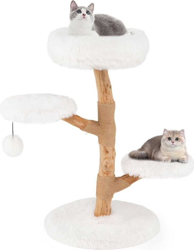 Katzenkratzbaum, 90 cm, Birnenholz, Weiß, mehrstufig