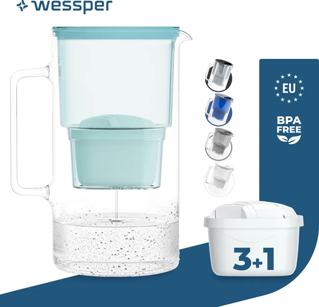 Caraffa in Vetro Wessper 3L Menta | 4 Filtri Inclusi | Tipo Brita
