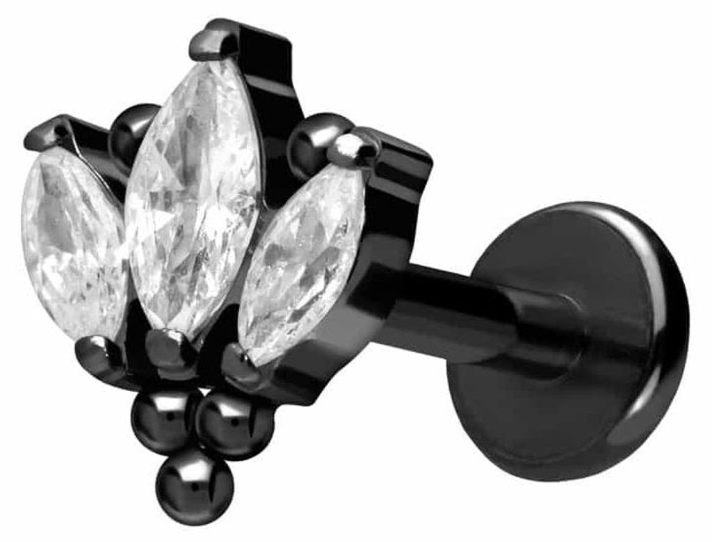 Ohrpiercing, Nasenpiercing Titan Labret mit Push Fit LOTUSBLÜTE + KUGELN Schwarz Stablänge: 8mm | Stabstärke: 1,2mm