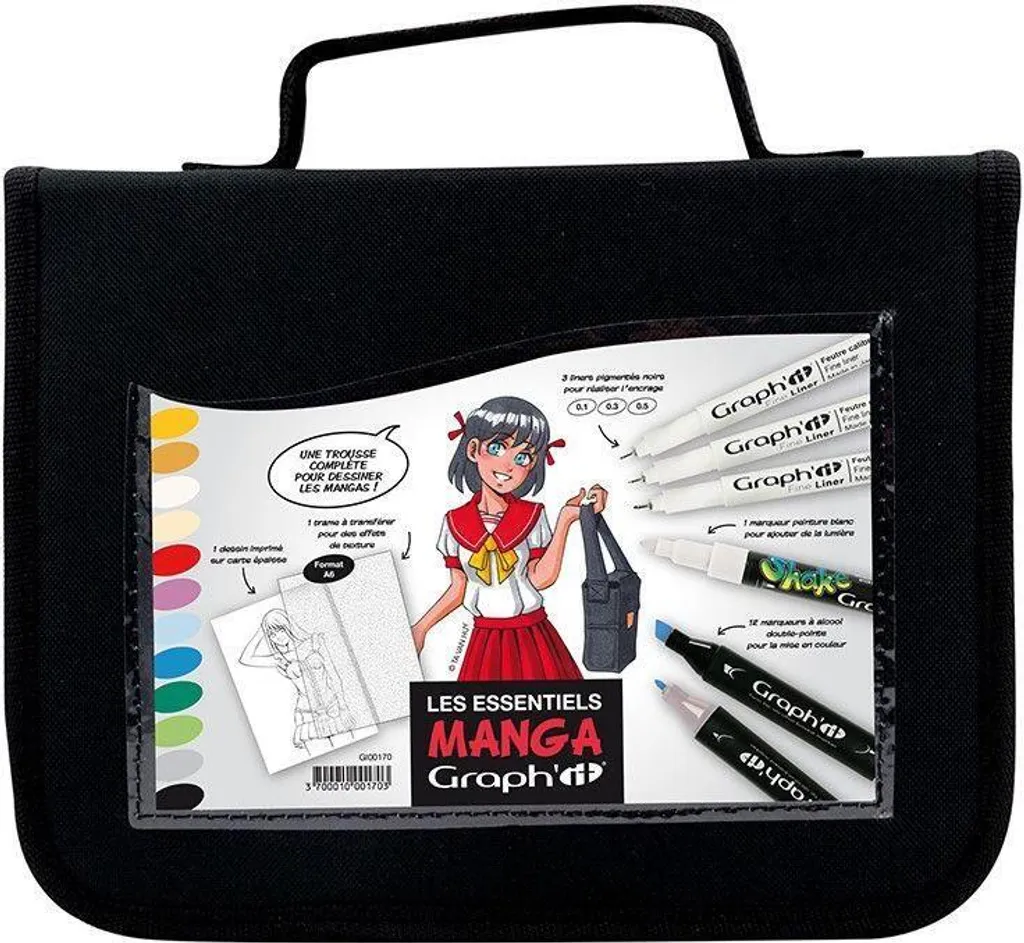 12 Marqueurs Manga + 3 Liners & Shake White, Set Complet A6 - Noir/Couleur