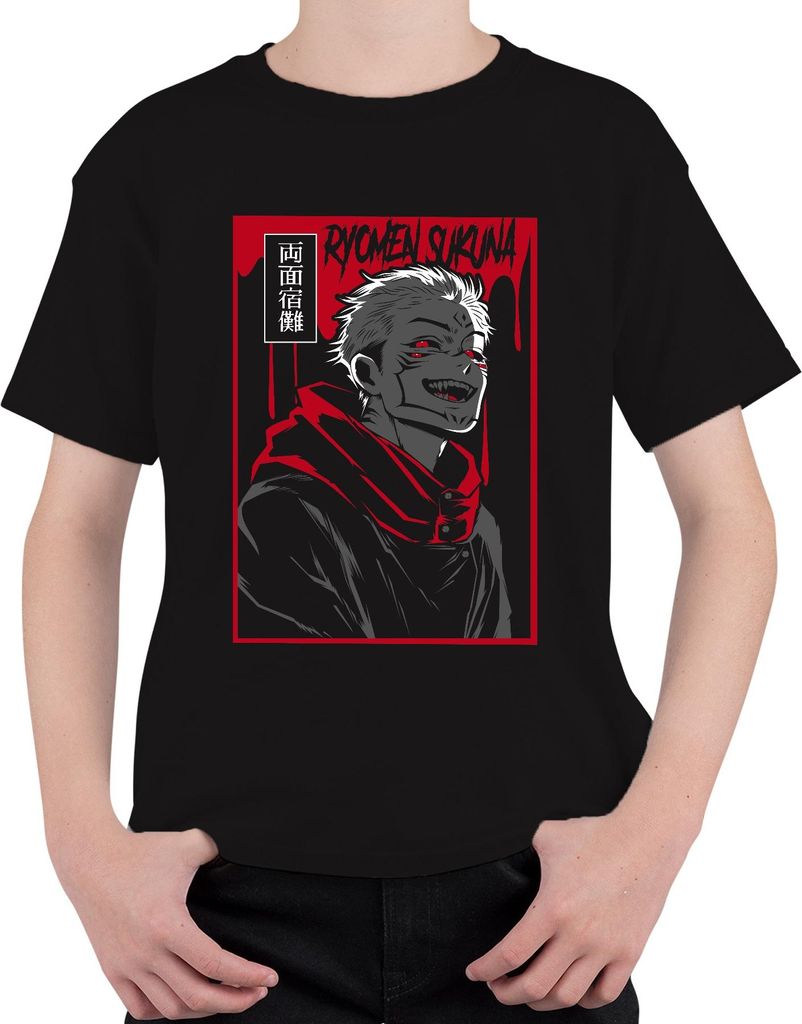 Ryomen Sukuna Jujutsu Kaisen Dämon Rot Schwarz Anime Ästhetik Uni Kinder T-Shirt, Schwarz, 152