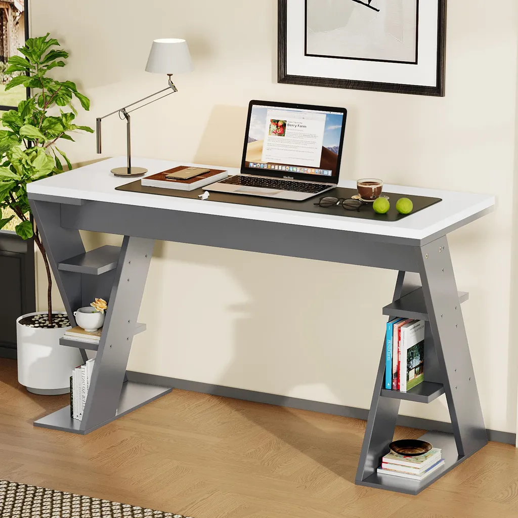 Scrivania Studio Merax Bianca e Grigia 120x50cm con Libreria 6 Vani