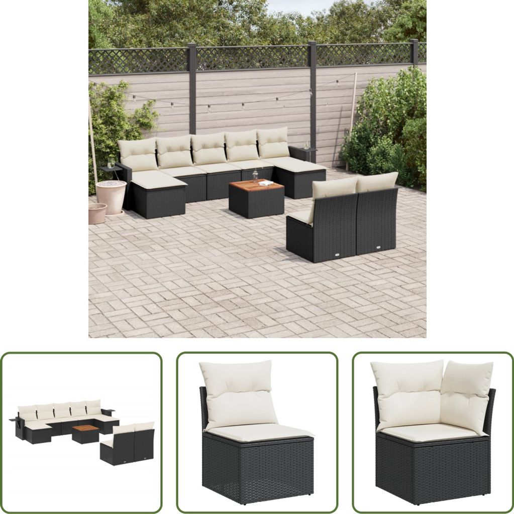 The Living Store 10-tlg. Garten-Sofagarnitur mit Kissen Schwarz Poly Rattan