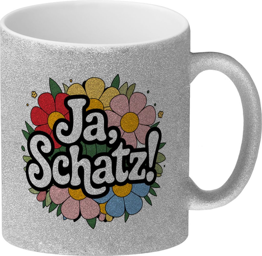 Ja Schatz Glitzer-Kaffeebecher mit floralem Dekor