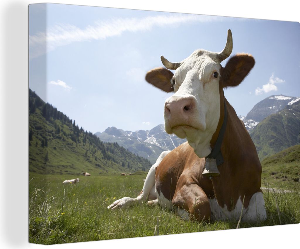 OneMillionCanvasses - Leinwandbilder - 140x90 cm, Kuh - Berg - Gras, Wandbilder Kunstdruck Wanddekoration