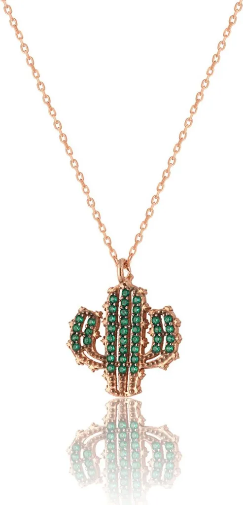 Collier femme cactus or rose en argent massif et zirconiums verts