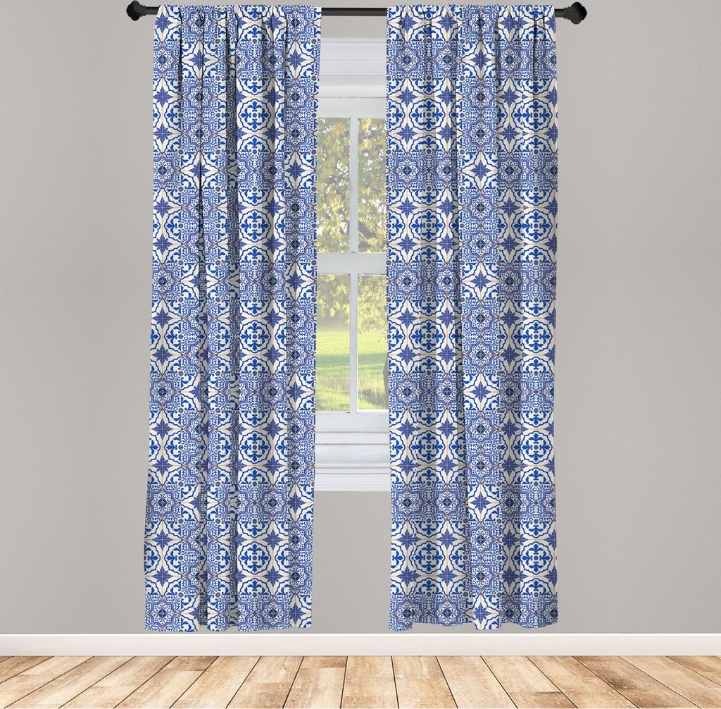 ABAKUHAUS marokkanisch Vorhänge, Gardinen, Portugiesische Fliesen Quadrate Raster Stil Muster Oriental Motiv Arabesque, 2 Stück 75 x 225 cm, , Vi...