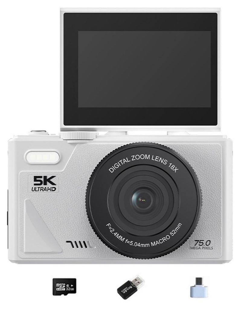 INF Weiße Digitalkamera mit 64GB Karte, Adapter & Lesegerät - 5K Video
