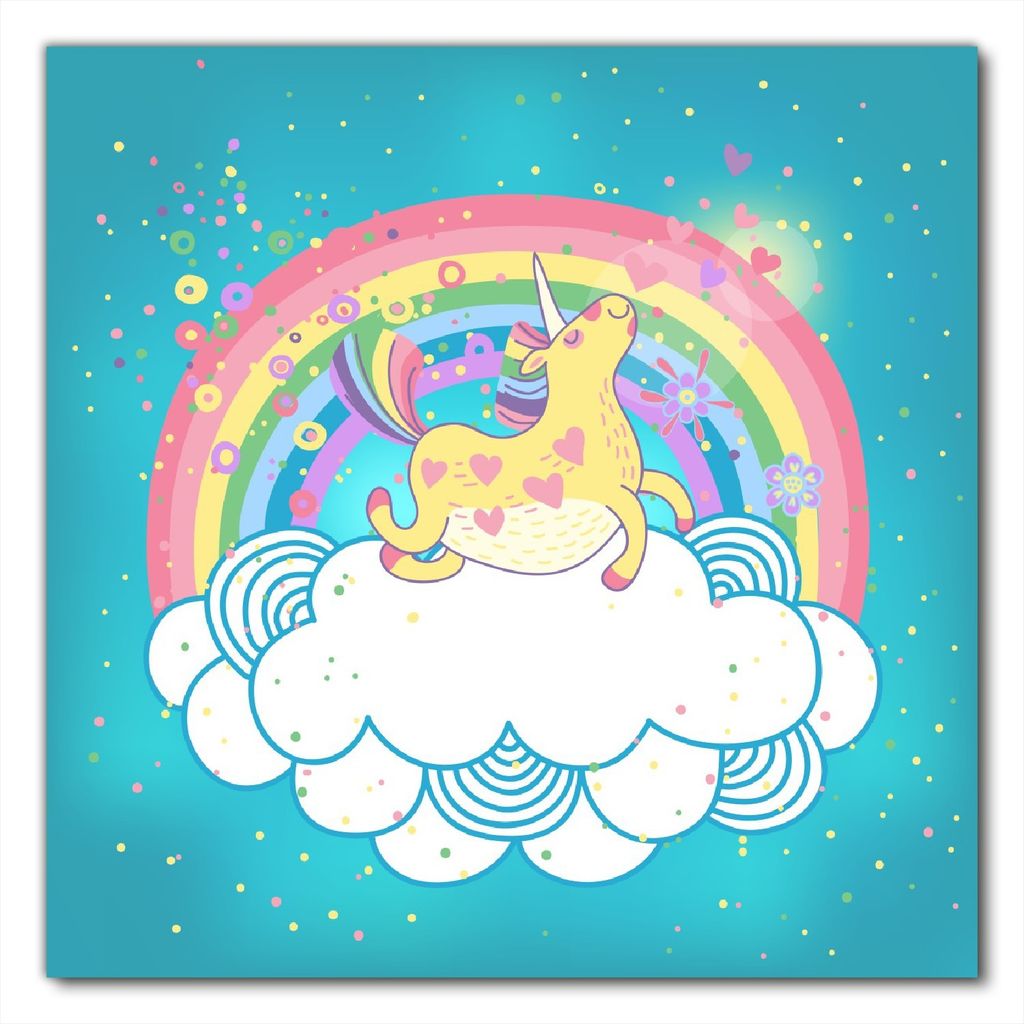 Wallario selbstklebende Möbelfolie/ Tischdecke für Innen und Außen, Größe: 90 x 90 cm - Lustiges Einhorn auf einer Wolke vor Regenbogen