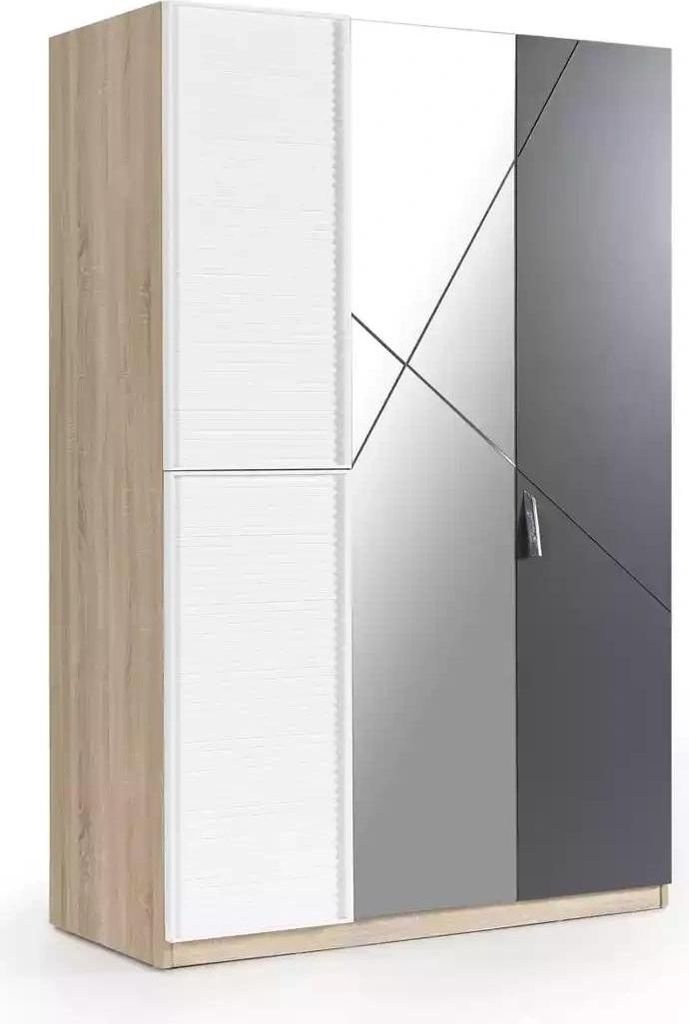 Kleiderschrank 3 Türen Moden Schrank Holz Grau Spiegel Kinderzimmer