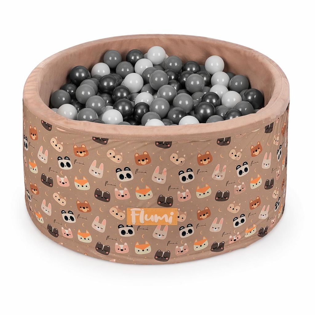 Flumi Bällebad Baby - Bällepool Kinder 90x40cm mit 200 Bällebad Bälle ∅ 7cm in EU hergestellt - Beige/Teddybären + Silberne Bälle