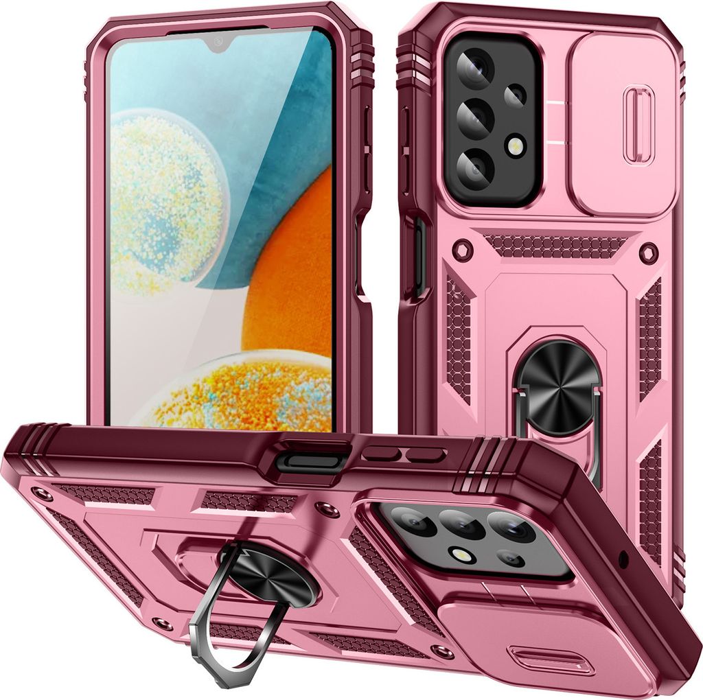 Galaxy A23 Hülle, Schiebe Kamera Schutz Stoßfest Schutzhülle mit Ringhalterung Ständer für Samsung Galaxy A23 5G/4G Rosa