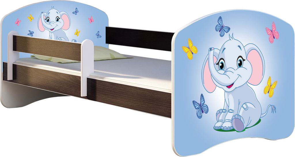 ACMA Jugendbett Kinderbett Junior-Bett Komplett-Set mit Matratze Lattenrost und Rausfallschutz Wenge 26 Elefant 160x80