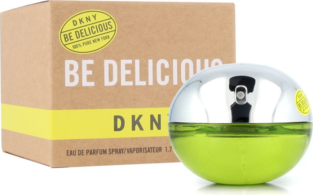 A bottle of DKNY Be Delicious Eau de Parfum and its packaging are displayed against a white background.