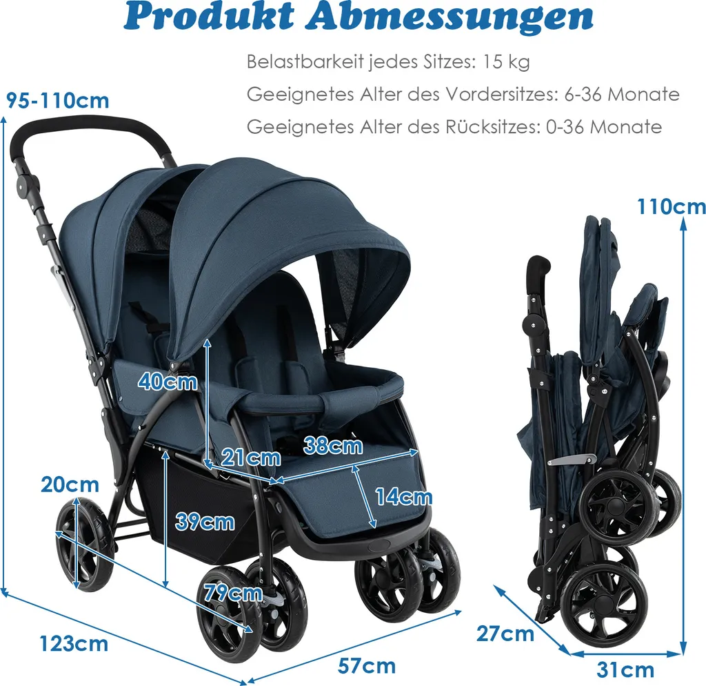 Poussette double pliable avec dossier ajustable et canopée bleue bébé