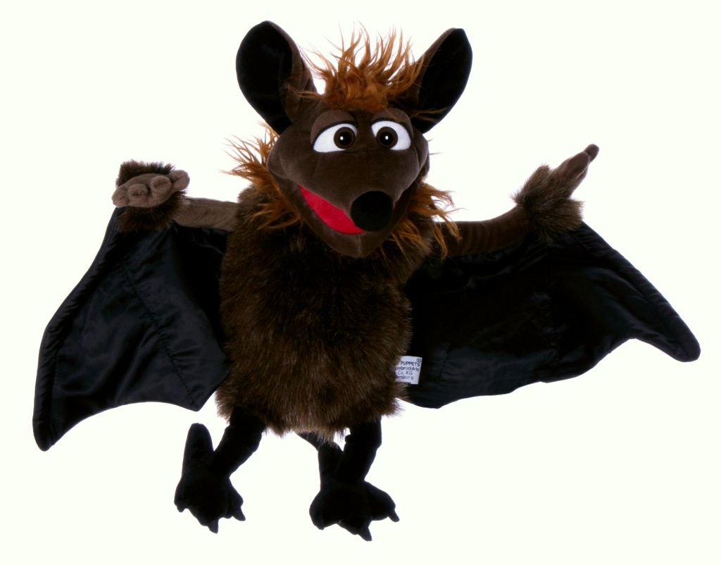 A stuffed bat puppet against a white background.