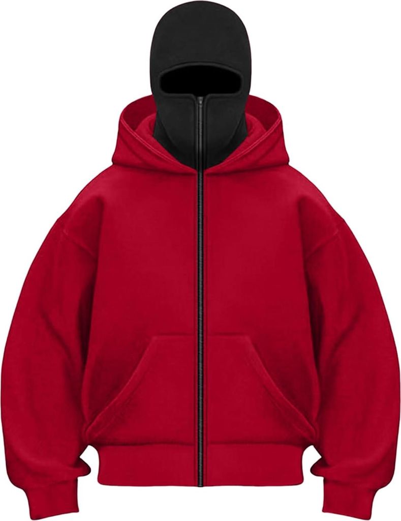 ASKSA Balaclava Zip Hoodie Herren Damen Einfarbig Kapuzenpullover Warm mit Sturmhaube Casual Hoodie Lockeres Sweatjacke,Rot + Schwarz,3XL