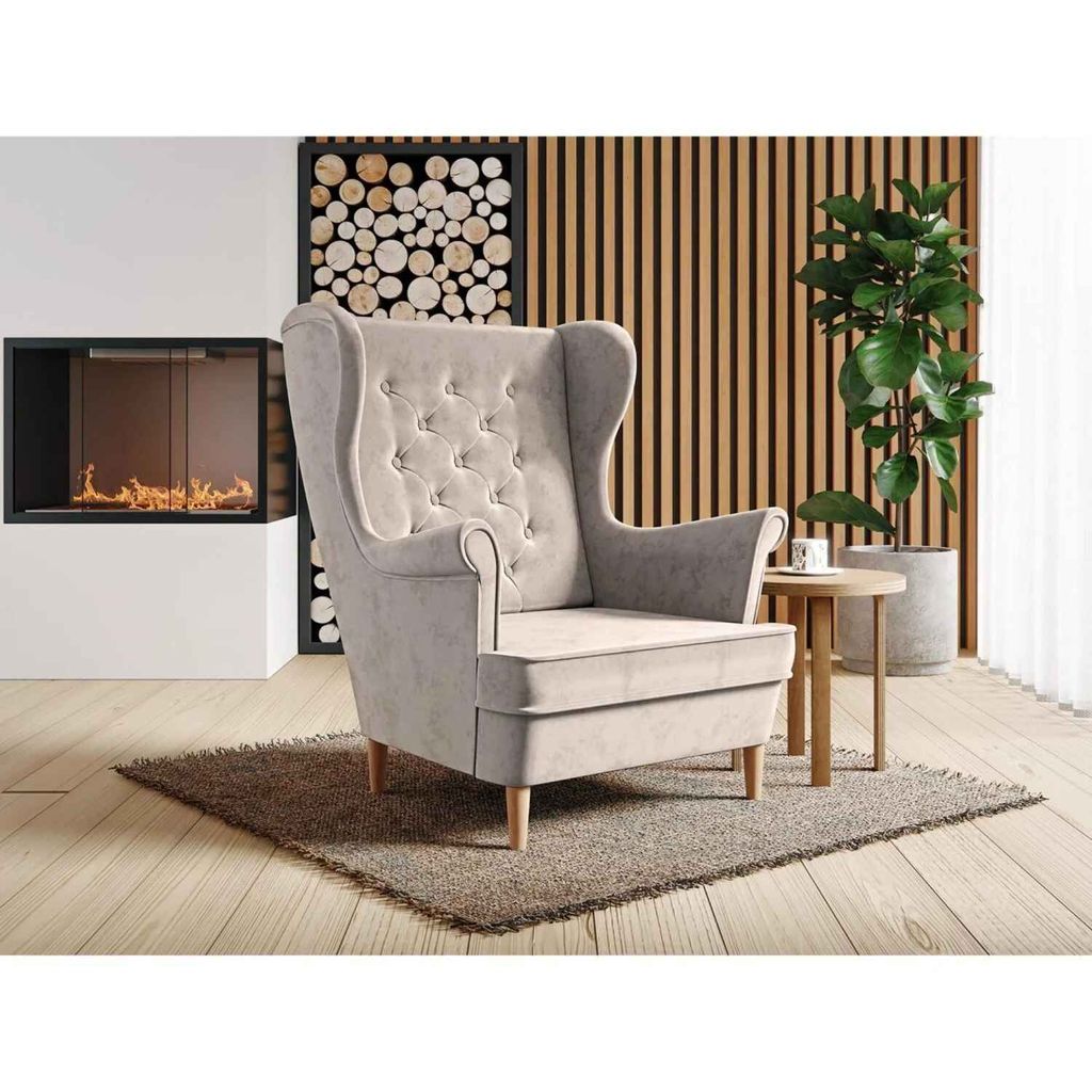 Sessel aus velours mit holzbeine Falco III, Ohrensessel mit Steppung, Knöpfe, Wellenfedern (Stoff: paros 02 - beige, Beinefarbe: Buche)