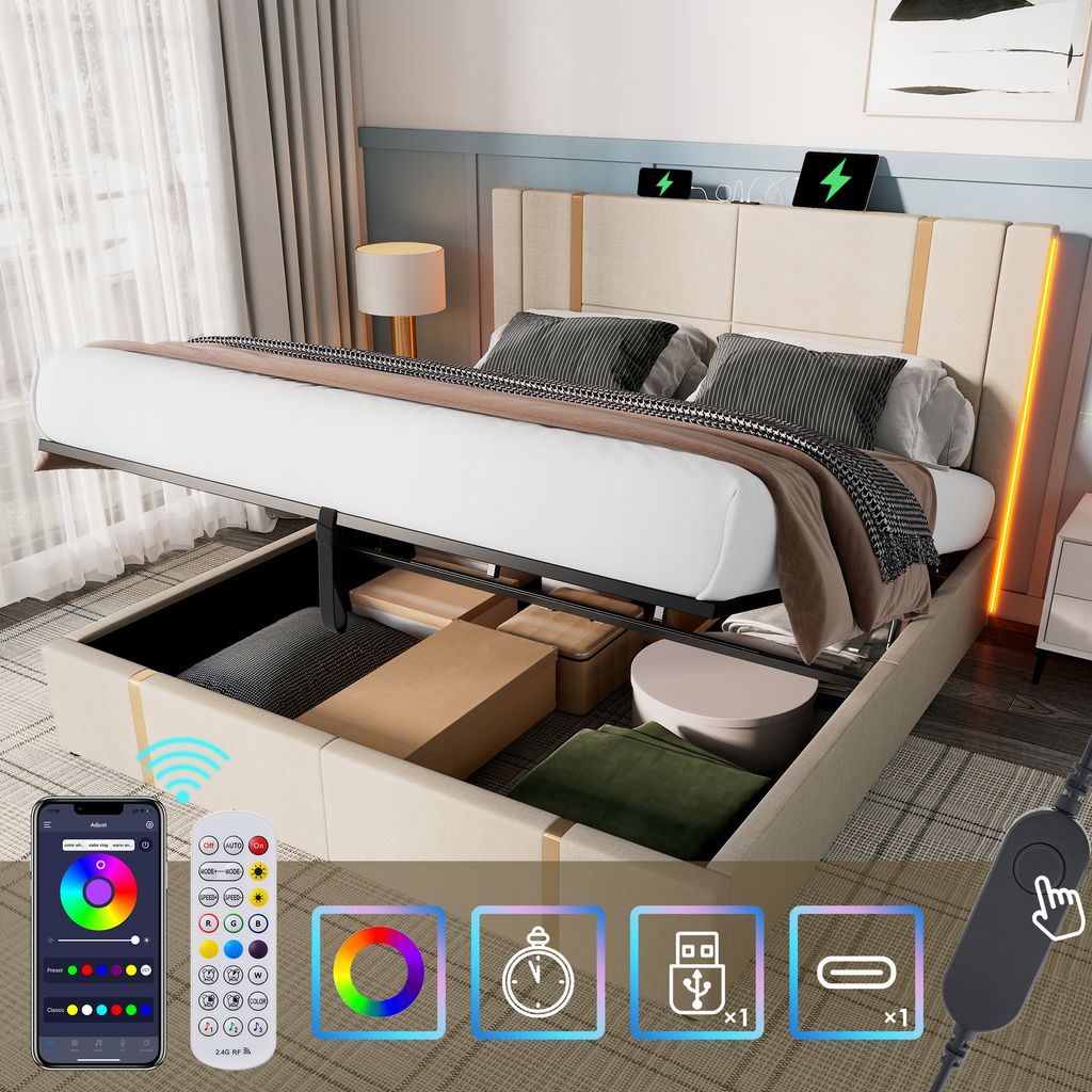 Sweiko Polsterbett Doppelbett USB Type C Ladefunktion APP-Control LED 160×200 Stauraumbetten Bettgestell, Lattenrost aus Holz,Beige Leinenmaterial...