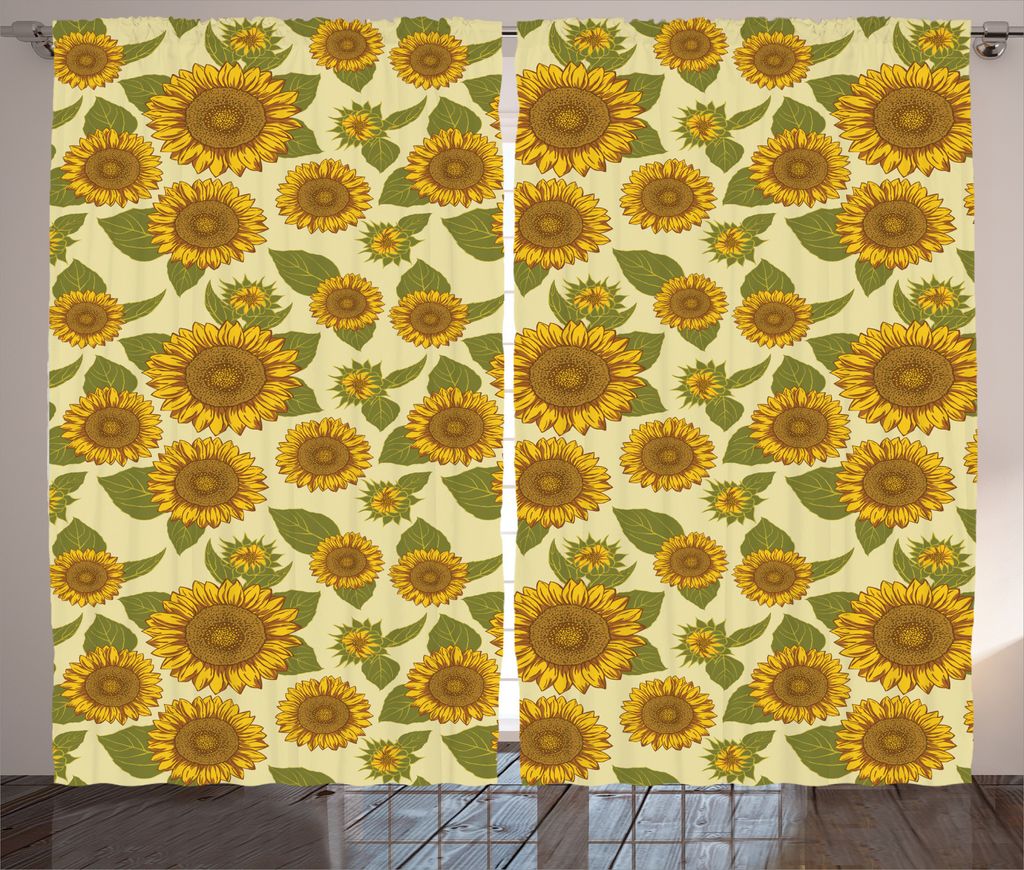 ABAKUHAUS Jahrgang Rustikaler Vorhang, Funky Stil Sunflower, Wohnzimmer Universalband Gardinen mit Schlaufen und Haken, 280 x 245 cm, Grün Gelb