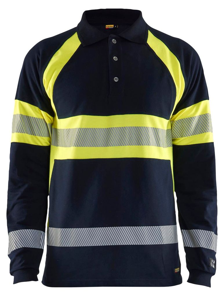 Blakläder Multinorm Langarm Poloshirt 3438, Farbe:Marineblau/ High Vis Gelb, Größe:XXL